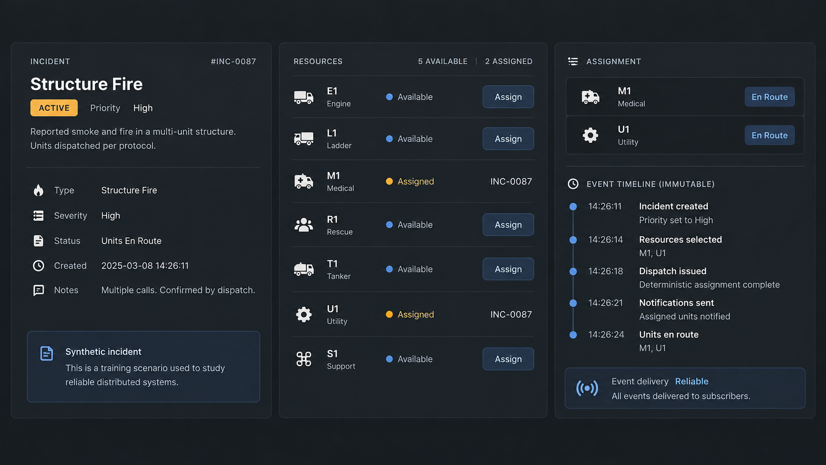 Conceptual RescueFlow emergency operations dashboard with a response map, event timeline, responders, and resources