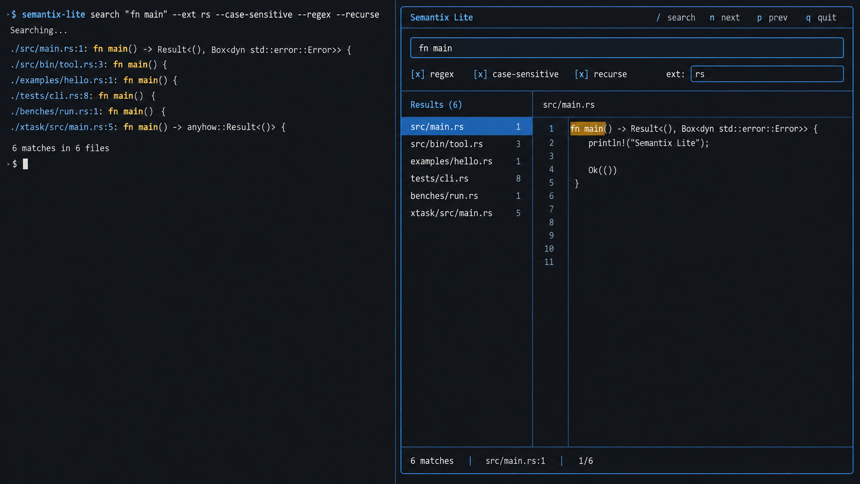 Conceptual Semantix Lite interface showing local search through CLI and interactive terminal views